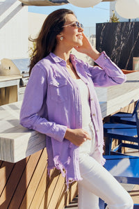 Full Size Distressed Button Down Denim Jacket in Lavender