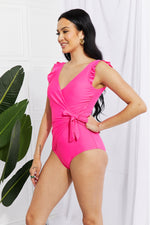 Load image into Gallery viewer, Full Size Float On Ruffle Faux Wrap One-Piece in Pink
