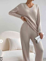 Load image into Gallery viewer, Ribbed V-Neck Long Sleeve Top and Pants Set
