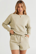 Load image into Gallery viewer, Textured Long Sleeve Top and Drawstring Shorts Set
