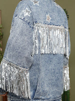 Load image into Gallery viewer, Fringe Detail Long Sleeve Denim Jacket
