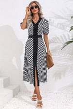 Load image into Gallery viewer, Printed Decorative Button V-Neck Slit Dress
