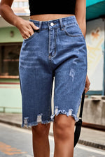Load image into Gallery viewer, Raw Hem High Waist Denim Shorts with Pockets
