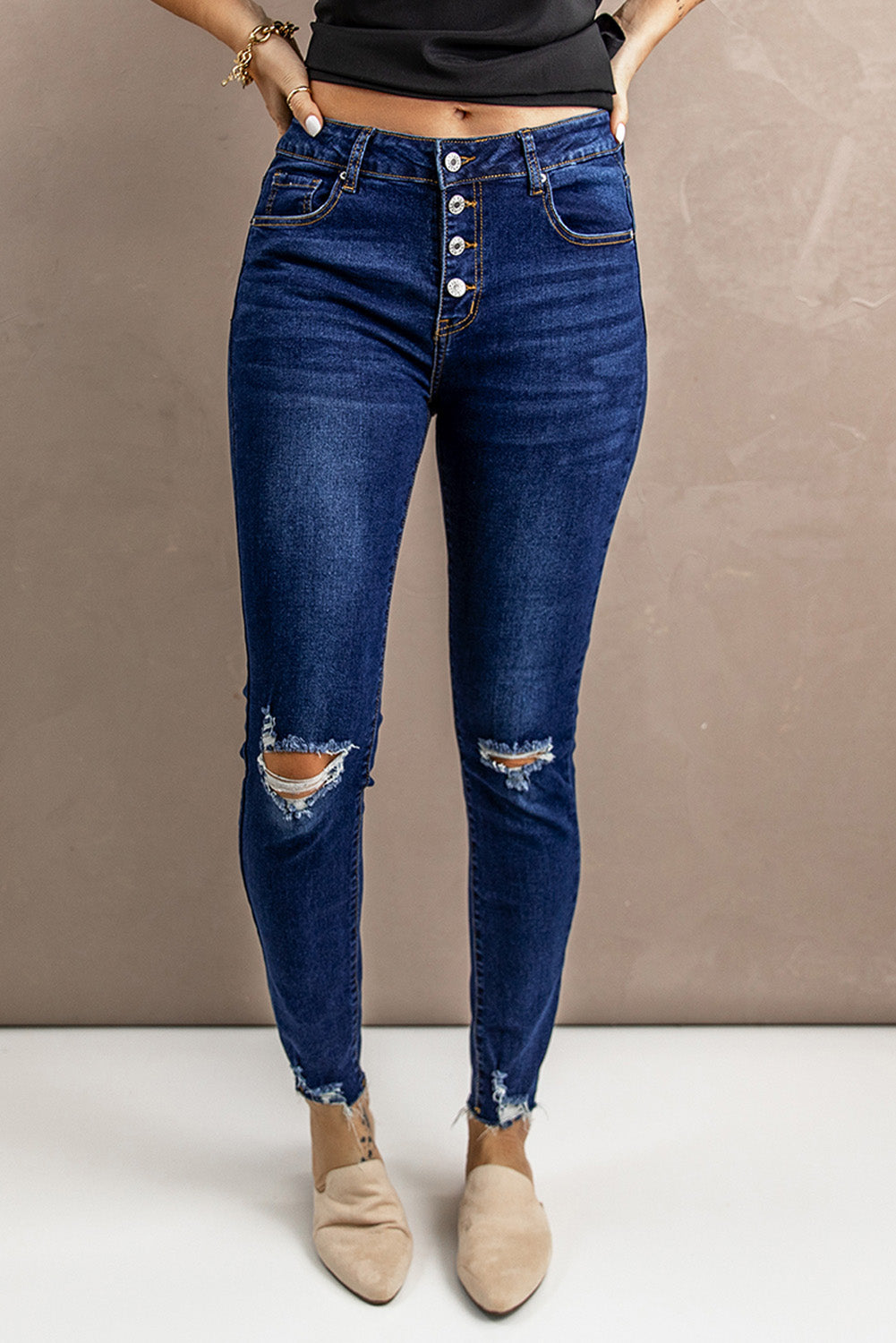 Distressed Button Fly Skinny Jeans