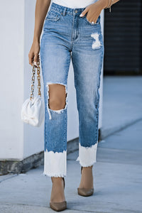 Contrast Distressed High Waist Jeans Pants
