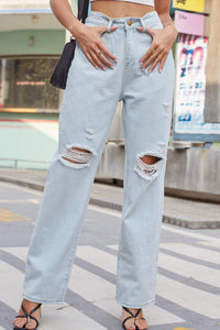 Distressed Straight Leg Jeans with Pockets