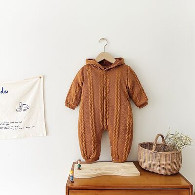 Cable-Knit Long Sleeve Hooded Snapped Jumpsuit