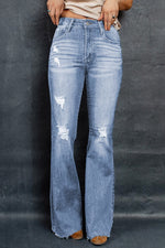 Load image into Gallery viewer, Distressed Raw Hem Flare Jeans Pants
