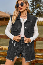 Load image into Gallery viewer, Sleeveless Button-Up Collared Denim Top with Pockets
