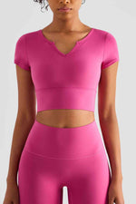 Load image into Gallery viewer, Notched Neck Short Sleeve Cropped Sports Top
