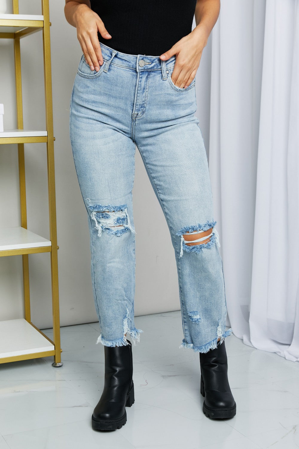 Full Size Distressed Fringe Hem Cropped Jeans