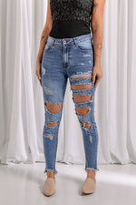 Load image into Gallery viewer, Distressed Raw Hem Skinny Jeans Pants
