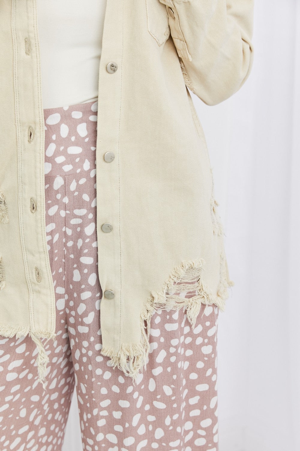 Full Size Distressed Button Down Denim Jacket in Sand