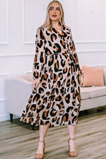 Load image into Gallery viewer, Plus Size Leopard Print Surplice Neck Long Sleeve Midi Dress

