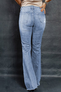 Distressed Raw Hem Flare Jeans Pants