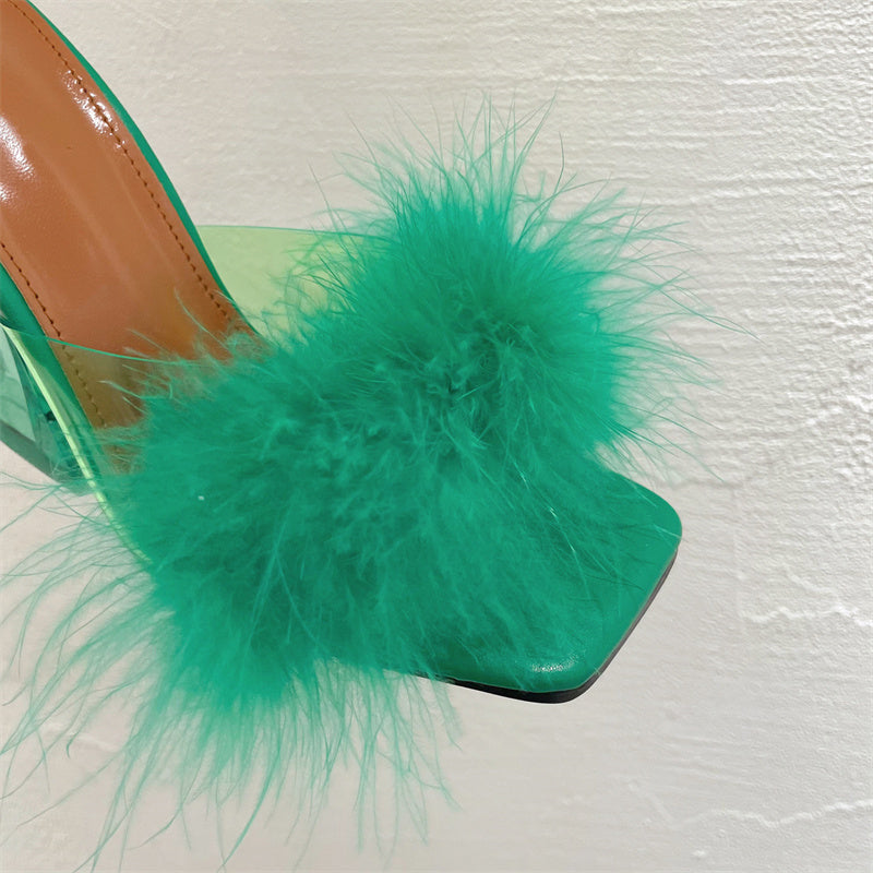 Transparent Feather Heel Slippers