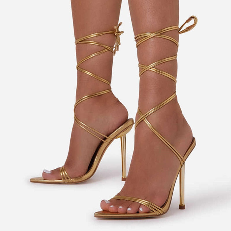 Pointed Open-Toe Lace-Up Stiletto