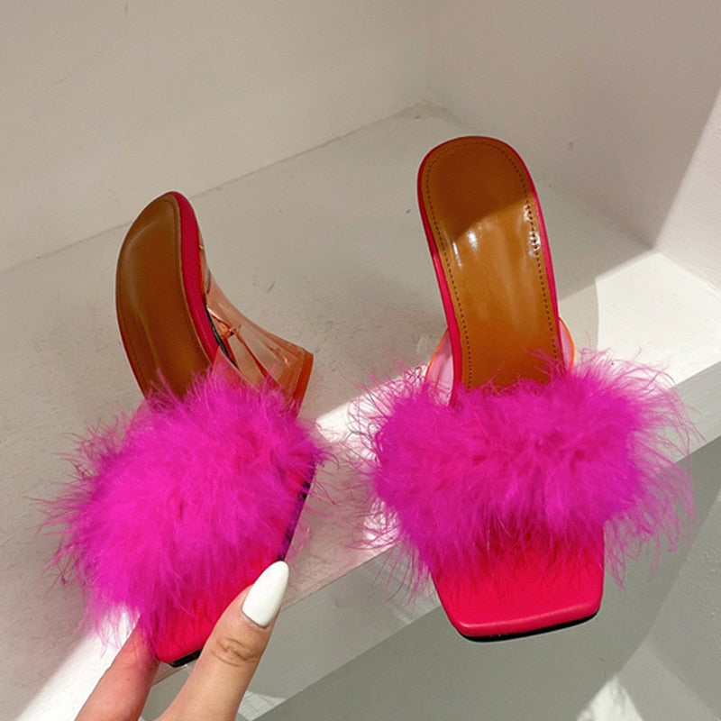 Transparent Feather Heel Slippers