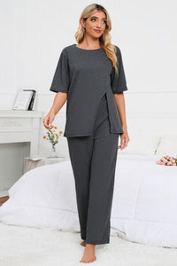 Slit Round Neck Top and Pants Lounge Set