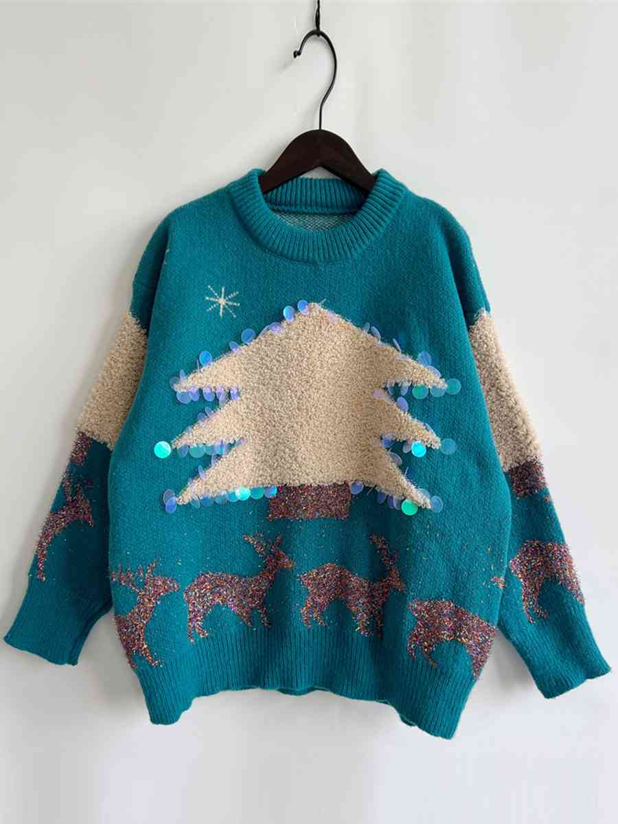 Sequin Christmas Tree & Reindeer Round Neck Sweater
