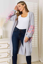 Load image into Gallery viewer, Woven Right Fringe Sleeve Dropped-Shoulder Cardigan – Cozy Chic Fall Layer

