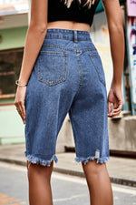 Load image into Gallery viewer, Raw Hem High Waist Denim Shorts with Pockets
