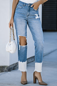 Contrast Distressed High Waist Jeans Pants