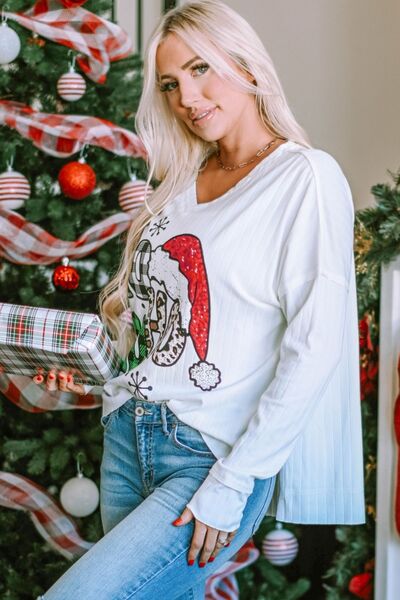 V-Neck Christmas Graphic High-Low Design Long Sleeve Top