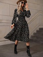 Load image into Gallery viewer, Printed Smocked Waist Notched Neck Midi Dress
