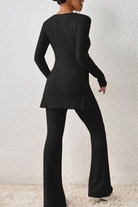 Ribbed Long Sleeve Slit Top and Bootcut Pants Set
