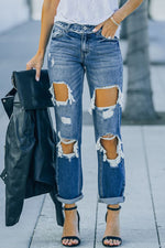 Load image into Gallery viewer, Distressed Frayed Trim Straight Leg Jeans Pants
