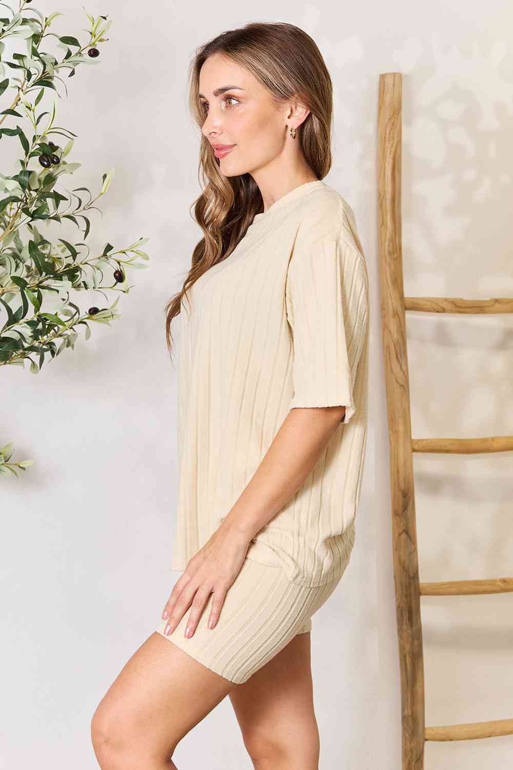 Ribbed Round Neck Top and Shorts Lounge Set