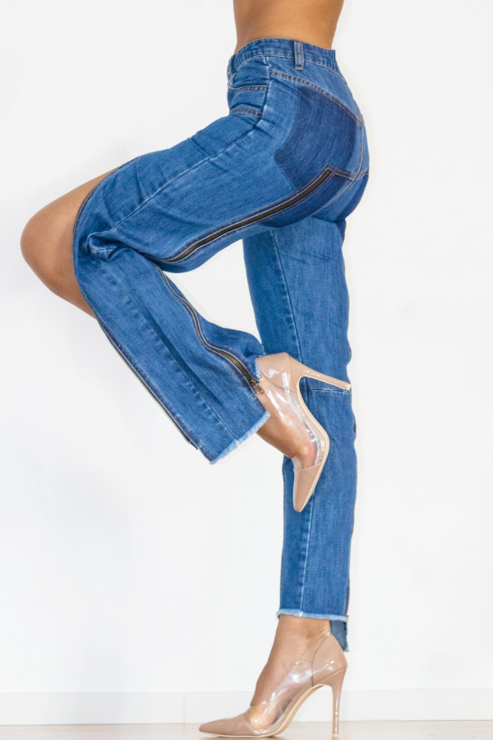 Zip Detail Slit Long Jeans Pants