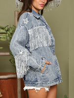 Load image into Gallery viewer, Fringe Detail Long Sleeve Denim Jacket
