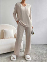Load image into Gallery viewer, Ribbed V-Neck Long Sleeve Top and Pants Set
