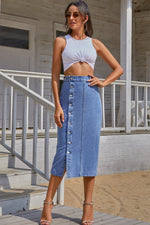 Load image into Gallery viewer, Split Buttoned Denim Skirt
