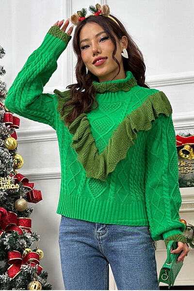 Cable-Knit Ruffled Mock Neck Lantern Sleeve Holiday Sweater
