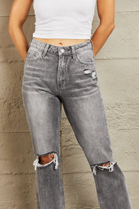 Stone Wash Distressed Cropped Straight Jeans Pants