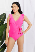 Load image into Gallery viewer, Full Size Float On Ruffle Faux Wrap One-Piece in Pink
