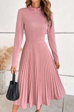 Load image into Gallery viewer, Ruffle Collar Pleated Long Sleeve Dress
