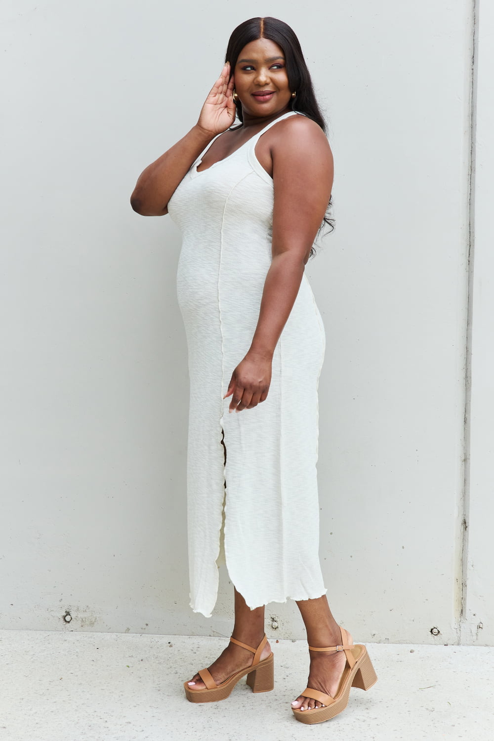 Full Size Notch Neck Maxi Dress with Slit in Ivory