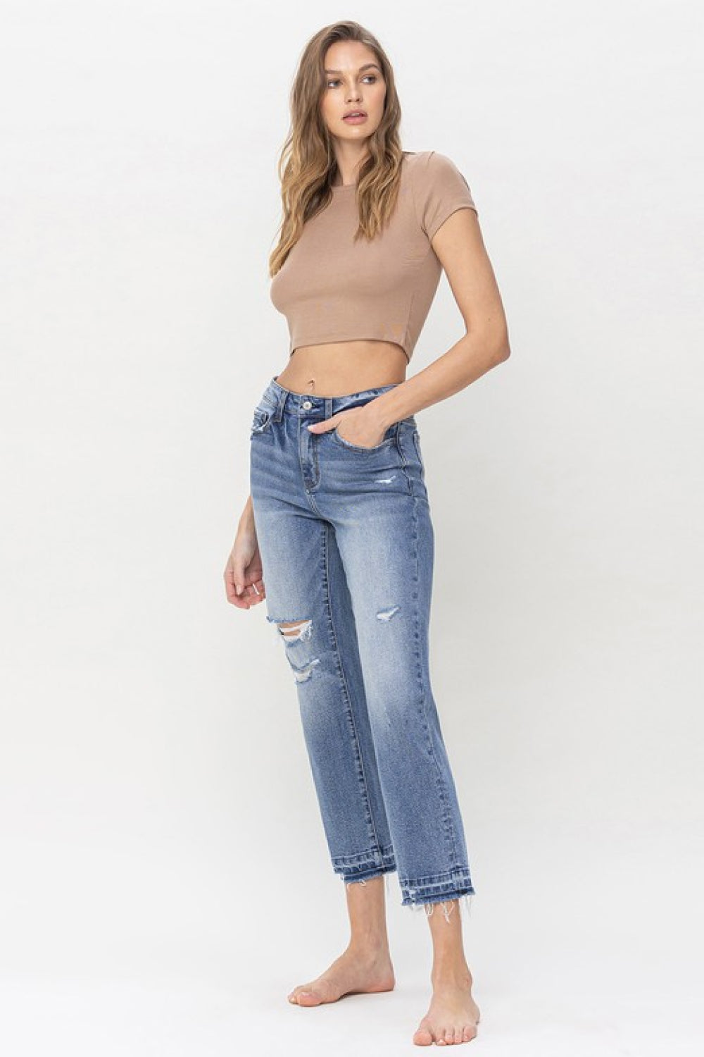 High Rise Crop Straight Jeans Pants