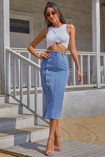 Load image into Gallery viewer, Split Buttoned Denim Skirt
