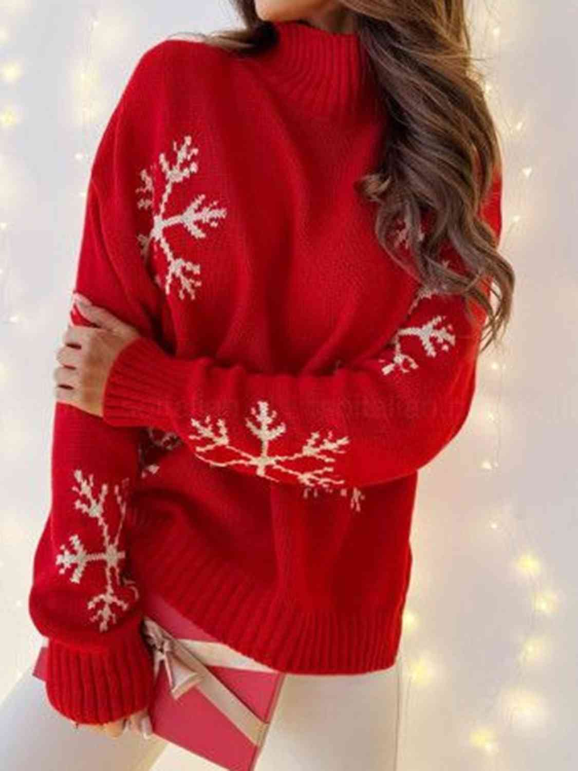 Snowflake Print Turtleneck Sweater