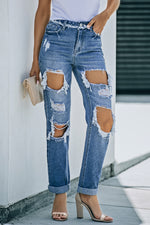 Load image into Gallery viewer, Distressed Frayed Trim Straight Leg Jeans Pants
