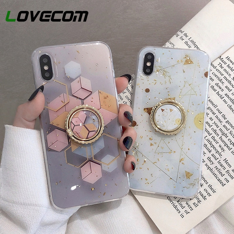 iPhone Gold Powder Geometric Marble Ring Holder Phone Case