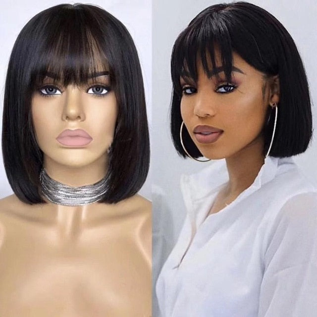 Straight Bob with Bangs Wig (Human Hair, Can Be Permed & Dye)