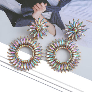Round Boho Flower Crystal Earrings
